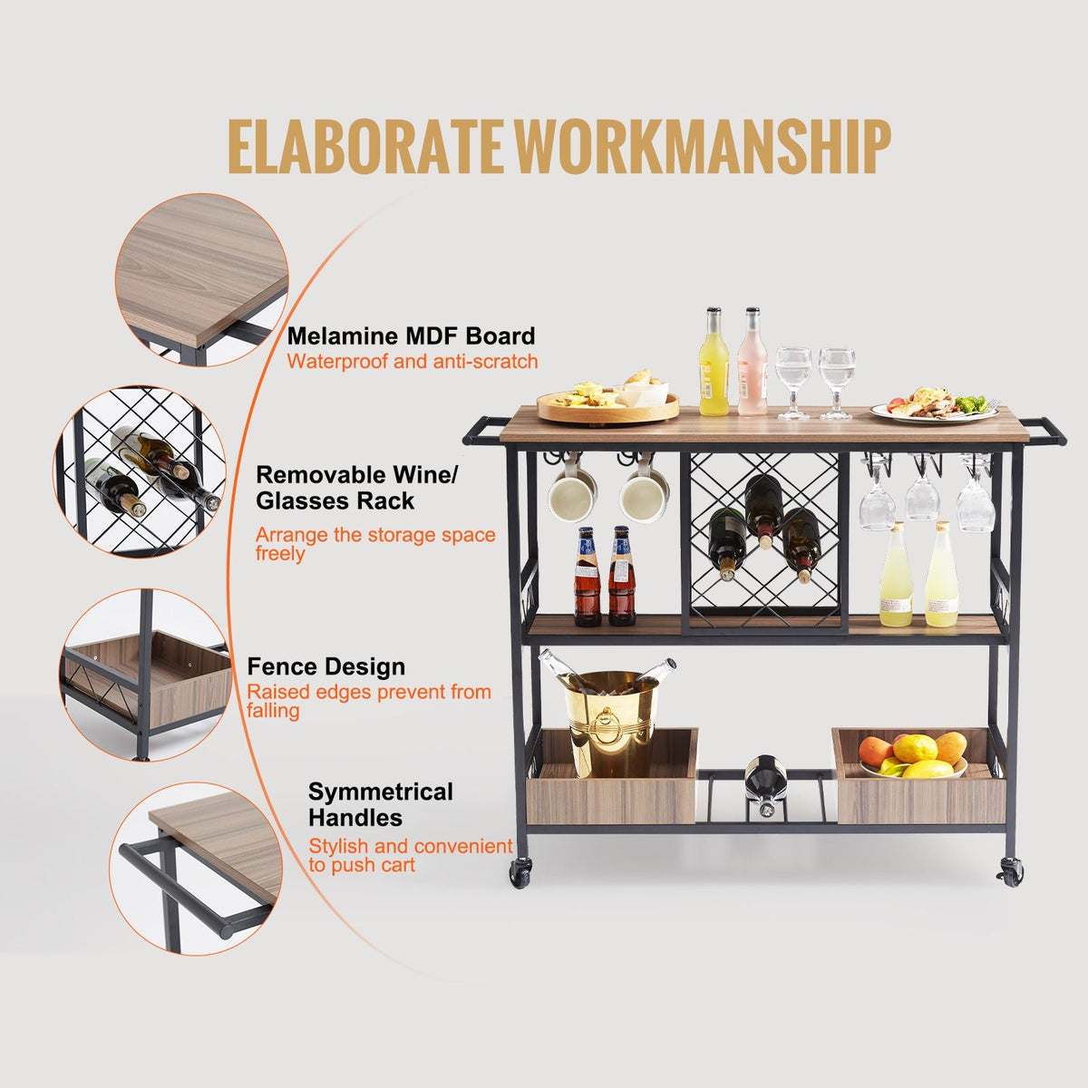 Bar Cart, Home Serving Cart, 3 Tiers 300 LBS Industrial Rolling Beverage Station on Lockable Wheels, Mobile Alcohol Drink Cart with Removable Tray Wine Rack Glass Holder for Kitchen Dining Room