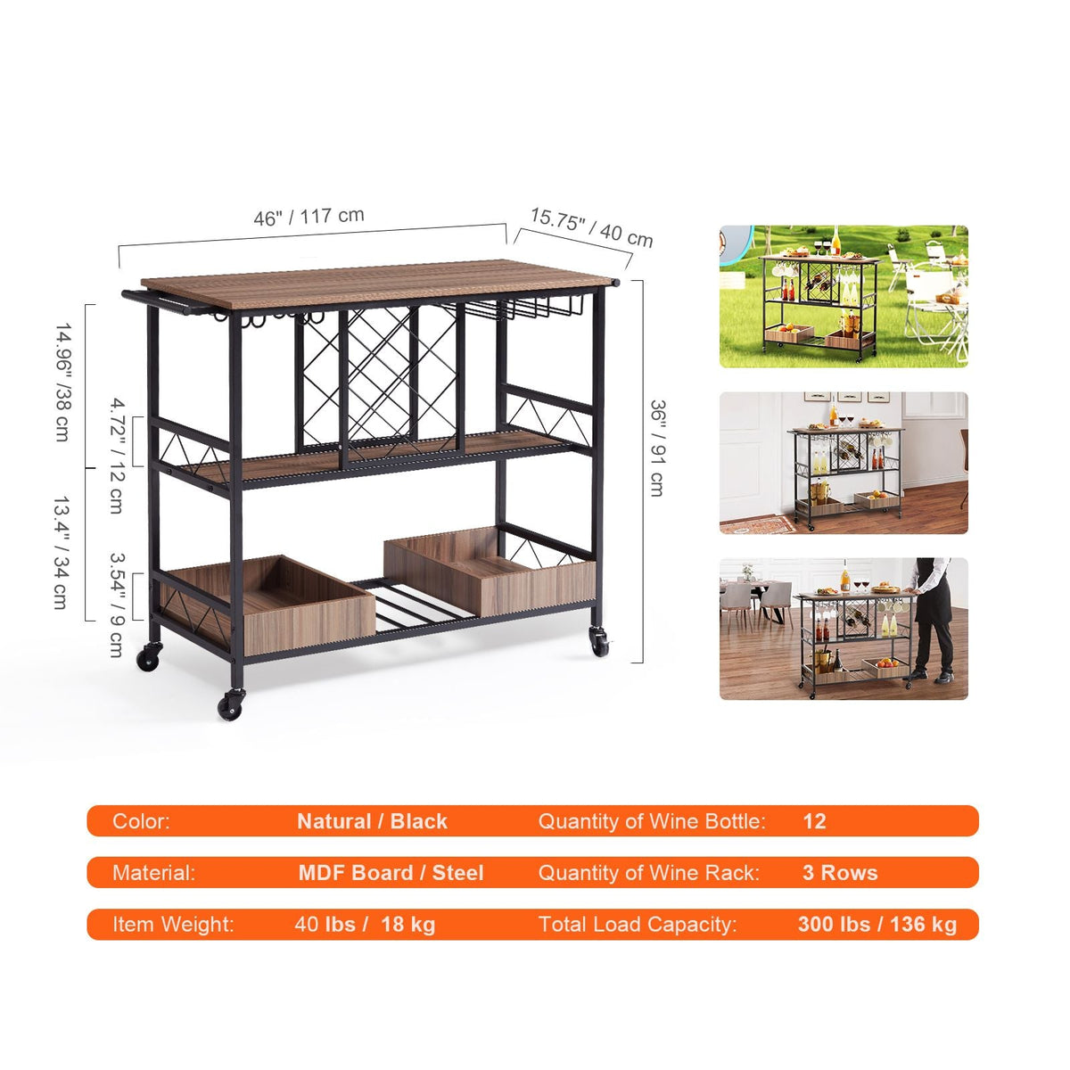 Bar Cart, Home Serving Cart, 3 Tiers 300 LBS Industrial Rolling Beverage Station on Lockable Wheels, Mobile Alcohol Drink Cart with Removable Tray Wine Rack Glass Holder for Kitchen Dining Room