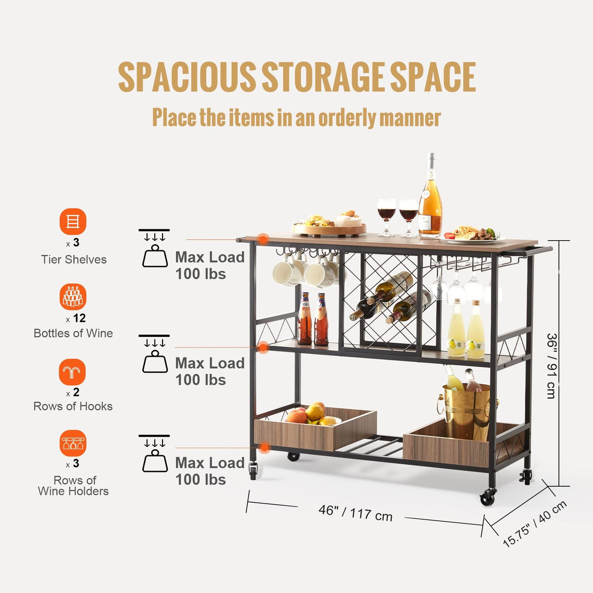 Bar Cart, Home Serving Cart, 3 Tiers 300 LBS Industrial Rolling Beverage Station on Lockable Wheels, Mobile Alcohol Drink Cart with Removable Tray Wine Rack Glass Holder for Kitchen Dining Room