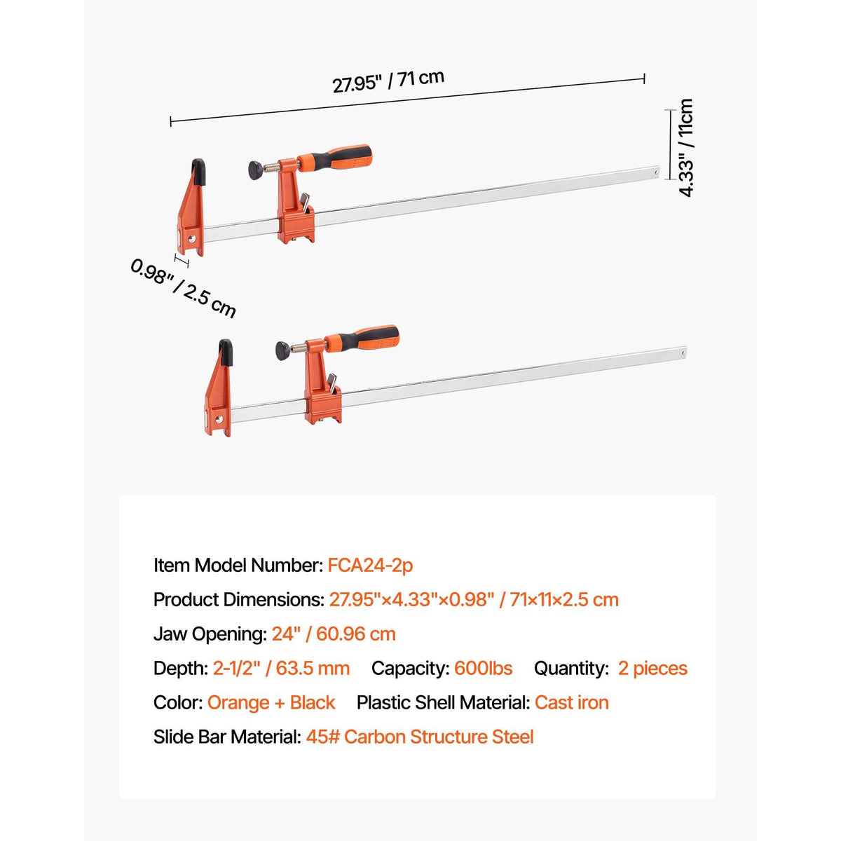Bar Clamps for Woodworking, 2-Pack 24 inch Opening, Lockable F-Clamp with 600 lbs Load Limit, 2-1/2 inch Depth, Cast Iron and Carbon Steel, Easy to Use, Wood Clamps for Woodworking Metal Working