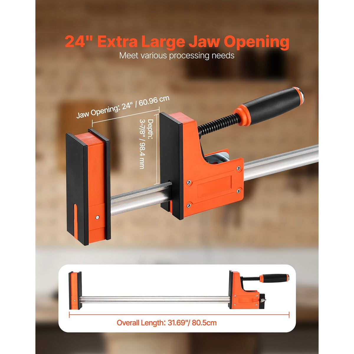Bar Clamps for Woodworking, 2-Pack 24 inch Parallel Clamp Set, F-Clamp with 1500 lbs Load Limit, Even Pressure, High-strength Plastic and Carbon Steel, for Woodworking Metal Working, Orange
