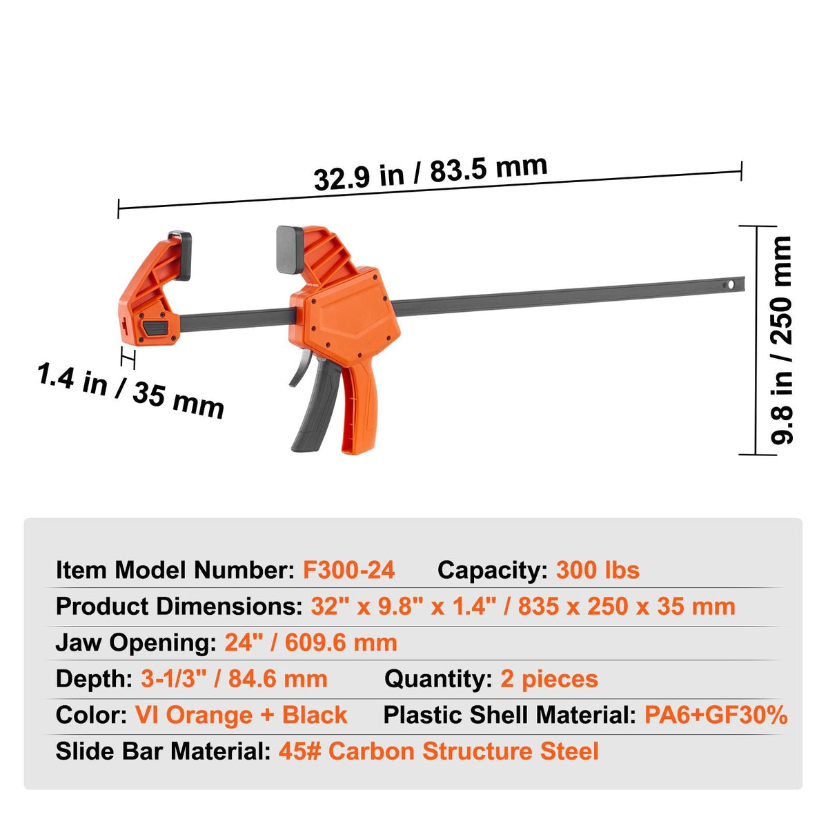 Bar Clamps for Woodworking, 2-Pack 24" One-Handed Clamp/Spreader, Quick-Change F Clamp with 300 lbs Load Limit, High-strength Plastic and Carbon Steel, Wood Clamps for Woodworking Metal Working
