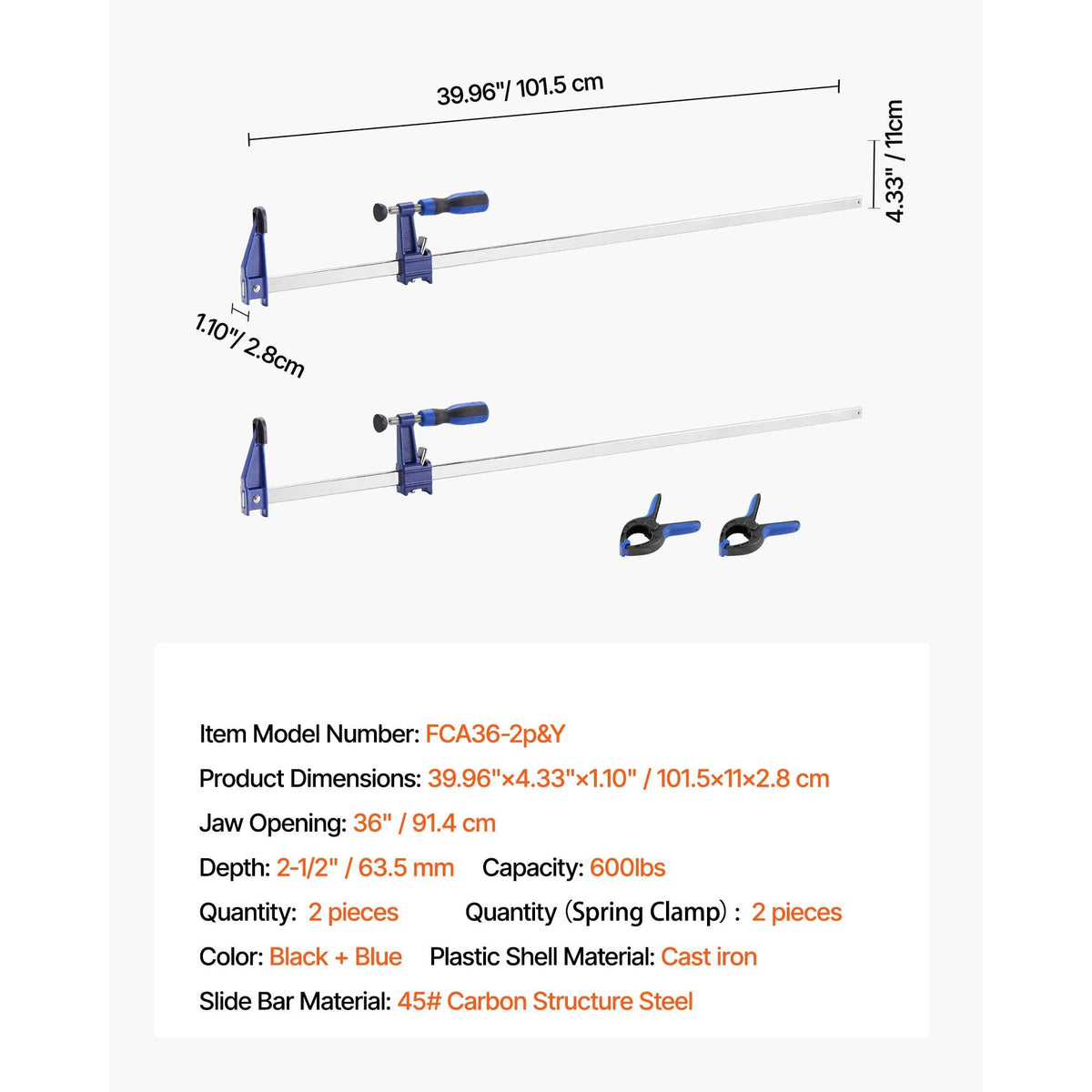Bar Clamps for Woodworking, 2-Pack 36 inch Opening, Lockable F-Clamp with 600 lbs Load Limit, 2-1/2 inch Depth, Cast Iron and Carbon Steel, Easy to Use, Wood Clamps for Woodworking Metal Working
