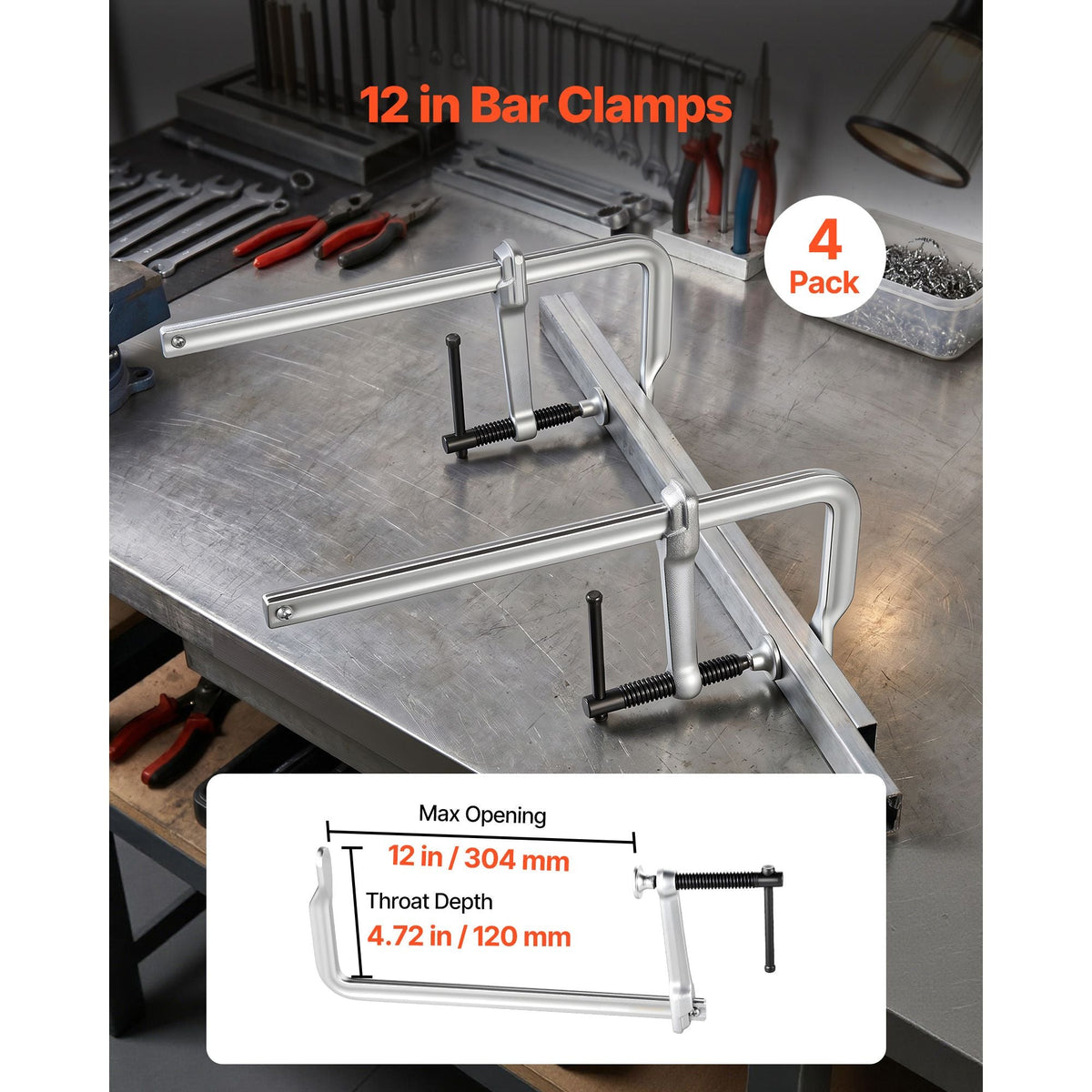 Bar Clamps for Woodworking, 4-Pack, 12" Opening, 4.72 in Throat Depth, 1200 lbs Load Limit, Sturdy Steel Forging and Casting, with Swivel Jaw and T-Handle, for Wood Working and Metal Working