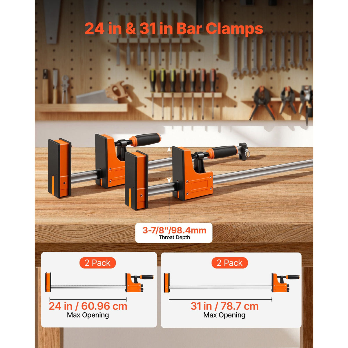 Bar Clamps for Woodworking, 4-Pack, 24" and 31" F Clamps, 1100 lbs Load Limit, Clamp/Spreader 2 Modes, Soft Rubber Pads, Ergonomic Handle, Carbon Steel Bar, for Wood Working and Metal Working