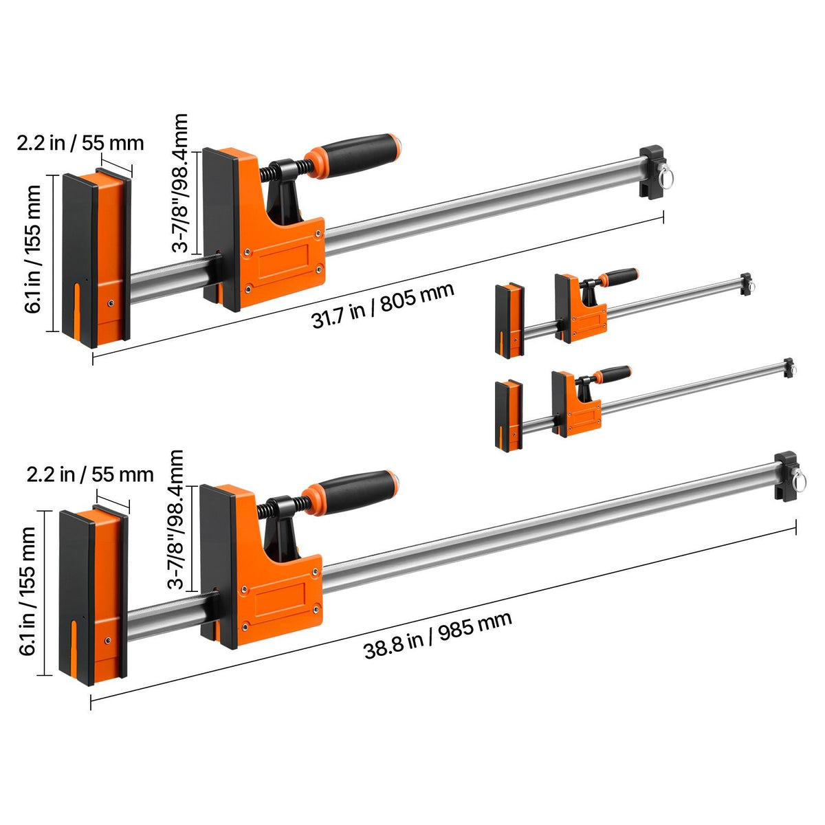 Bar Clamps for Woodworking, 4-Pack, 24" and 31" F Clamps, 1100 lbs Load Limit, Clamp/Spreader 2 Modes, Soft Rubber Pads, Ergonomic Handle, Carbon Steel Bar, for Wood Working and Metal Working