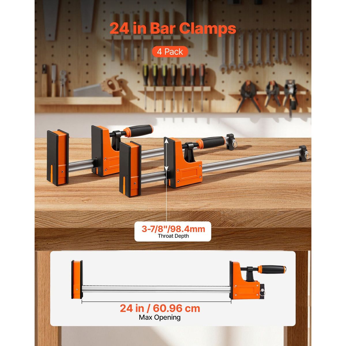 Bar Clamps for Woodworking, 4-Pack, 24" Opening F Clamps, 1500 lbs Load Limit, Clamp/Spreader 2 Modes, Soft Rubber Pads, Ergonomic Handle, Carbon Steel Bar, for Wood Working and Metal Working