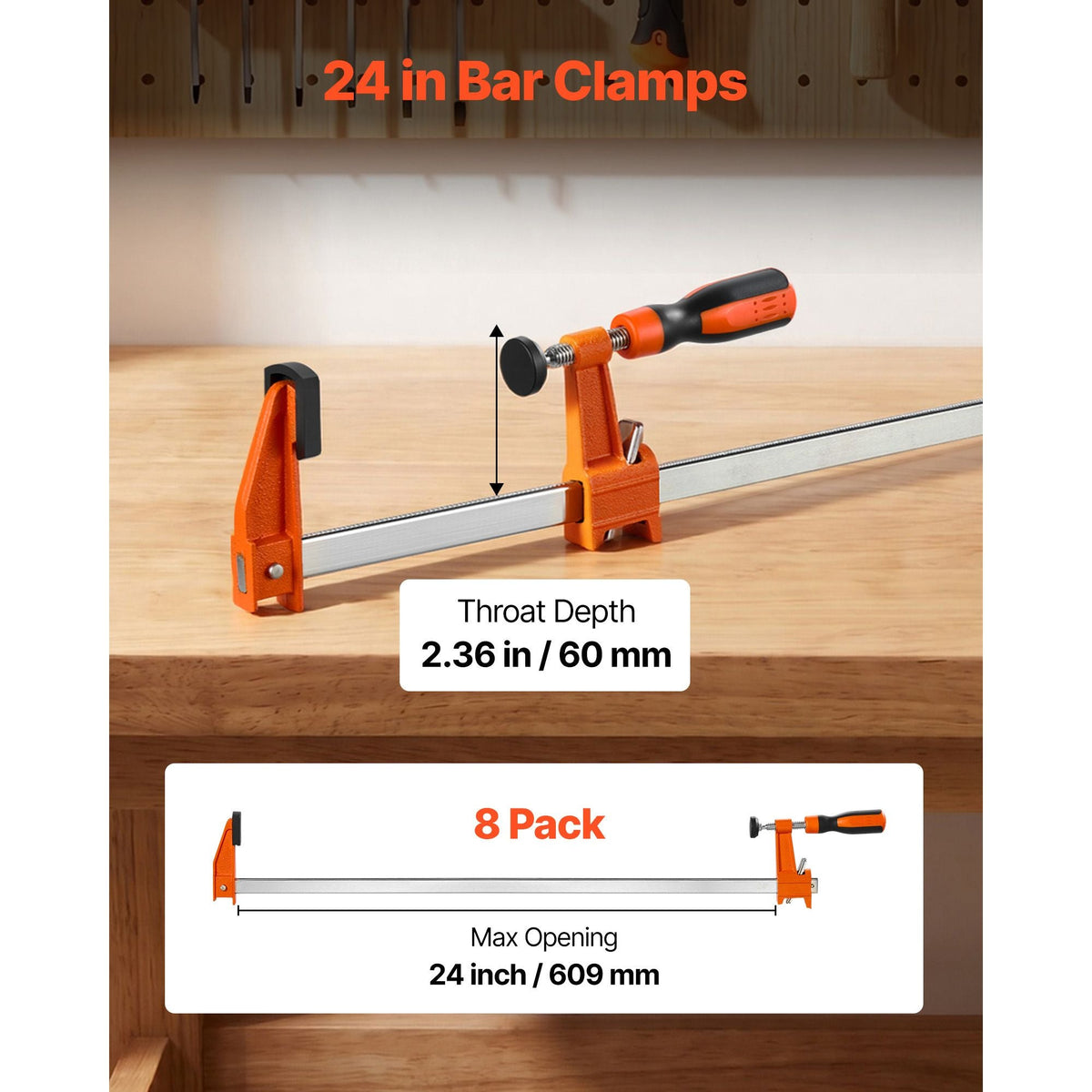 Bar Clamps for Woodworking, 8-Pack, 24" Opening F Clamps, 600 lbs Load Limit, with Plastic Pad and Self-Locking Design, Premium Cast Iron and Carbon Steel, for Wood Working and Metal Working