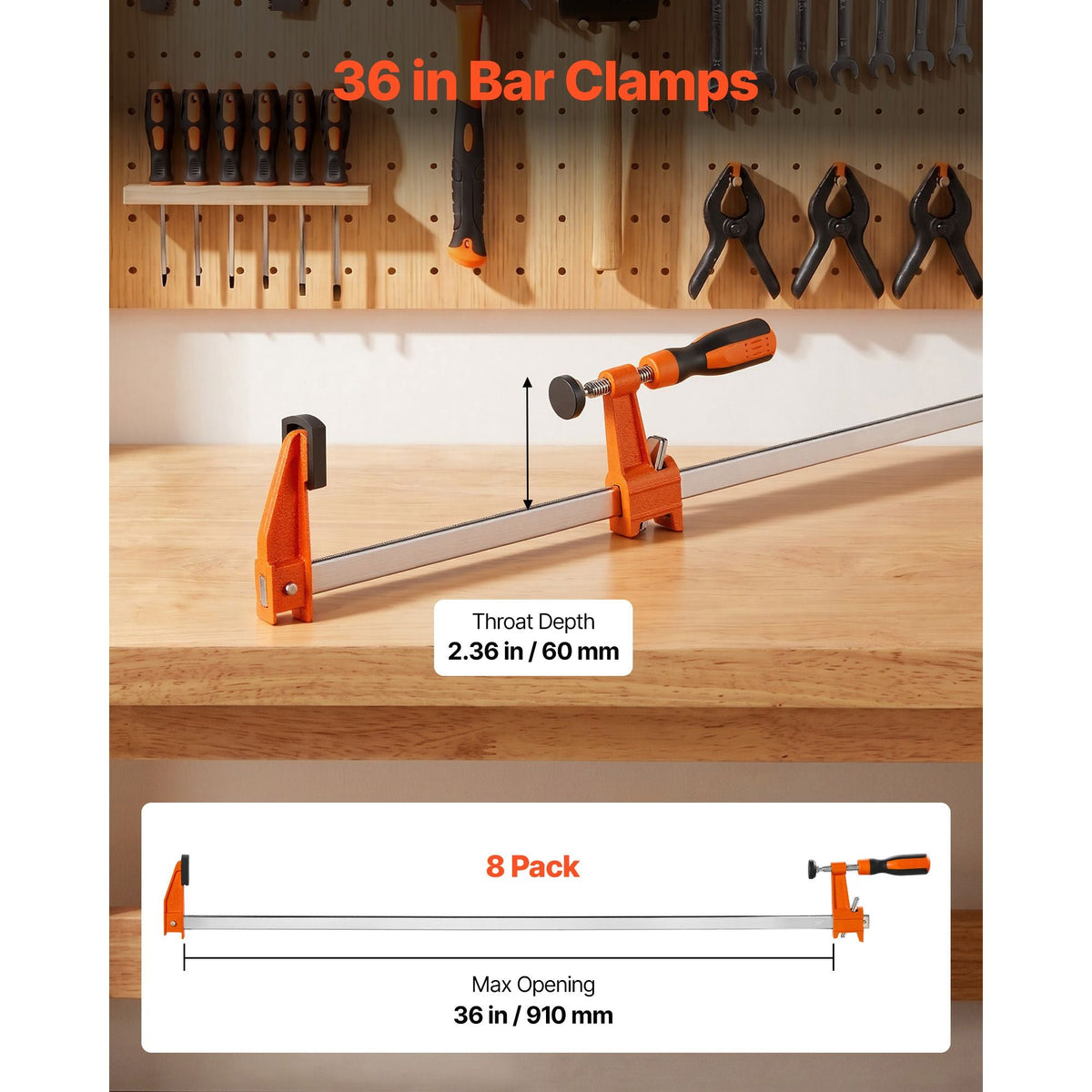 Bar Clamps for Woodworking, 8-Pack, 36" Opening F Clamps, 600 lbs Load Limit, with Plastic Pad and Self-Locking Design, Premium Cast Iron and Carbon Steel, for Wood Working and Metal Working