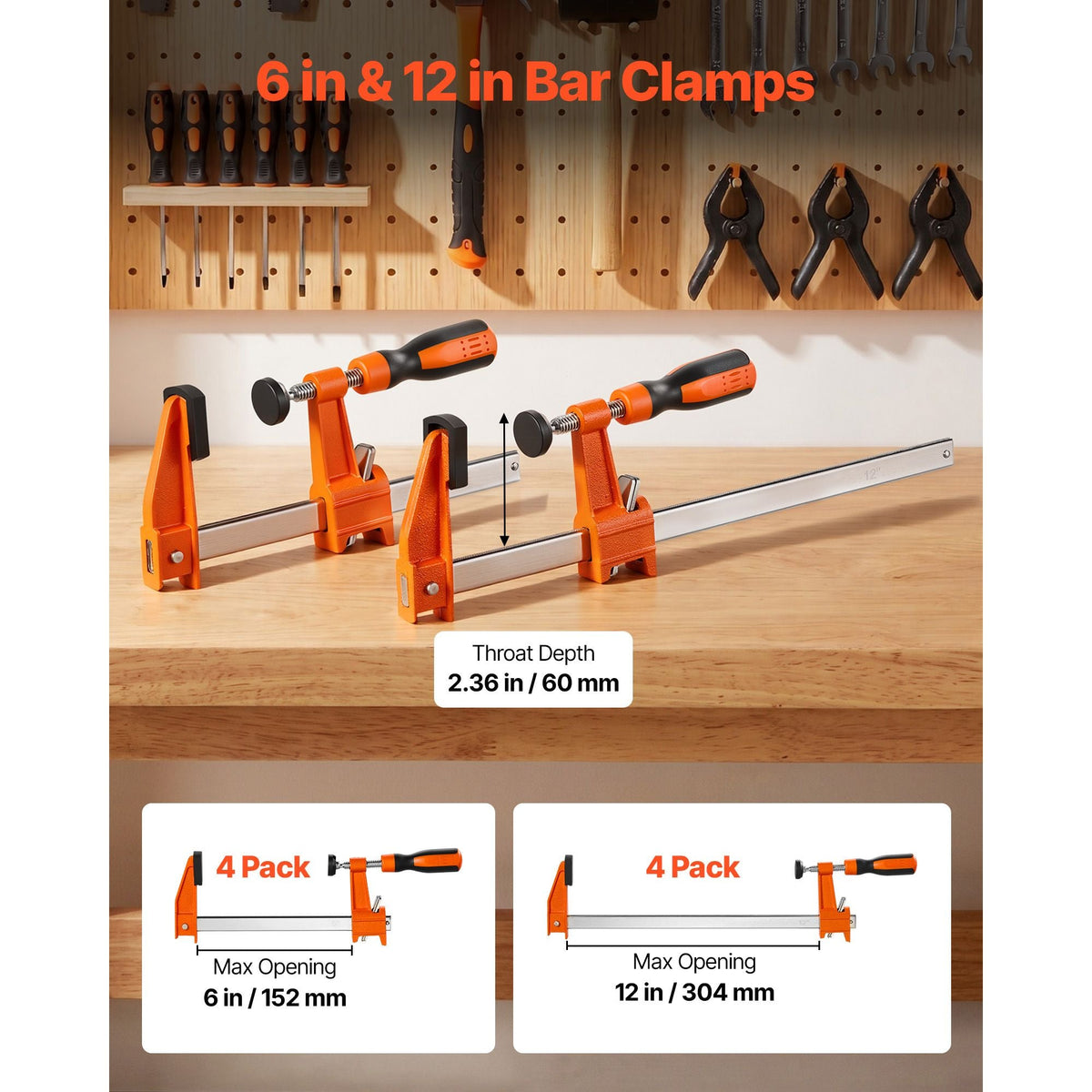 Bar Clamps for Woodworking, 8-Pack, 6" and 12" F Clamps, 600 lbs Load Limit, with Plastic Pad and Self-Locking Design, Malleable Iron and Carbon Steel, for Wood Working and Metal Working