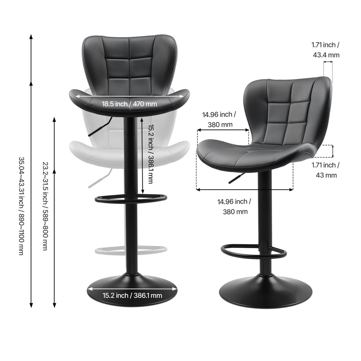 Bar Stool Set of 2, Modern PU Leather Counter Height Stools, Swivel Kitchen Barstool with Back and Footrest, Height Adjustable Armless Bar Chair, Island Barstools for Kitchen, Dining Room, Black