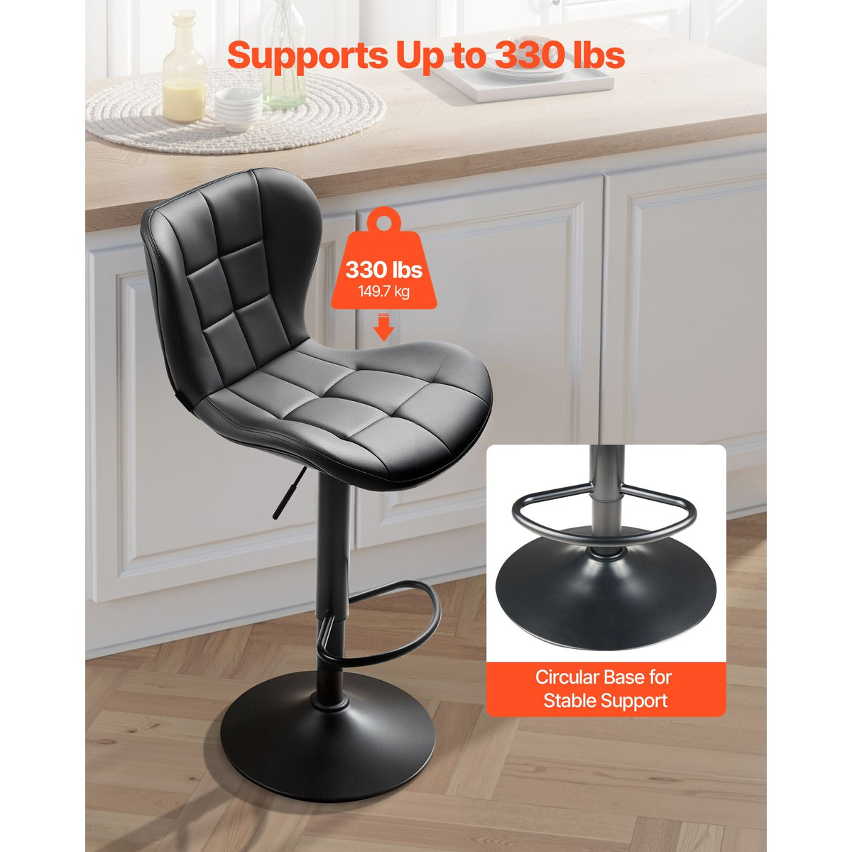 Bar Stool Set of 2, Modern PU Leather Counter Height Stools, Swivel Kitchen Barstool with Back and Footrest, Height Adjustable Armless Bar Chair, Island Barstools for Kitchen, Dining Room, Black