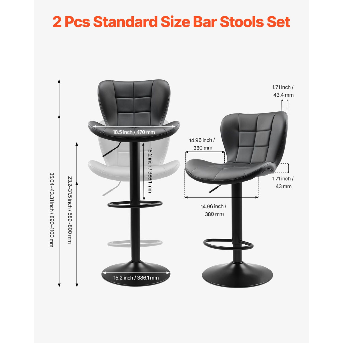 Bar Stool Set of 2, Modern PU Leather Counter Height Stools, Swivel Kitchen Barstool with Back and Footrest, Height Adjustable Armless Bar Chair, Island Barstools for Kitchen, Dining Room, Black