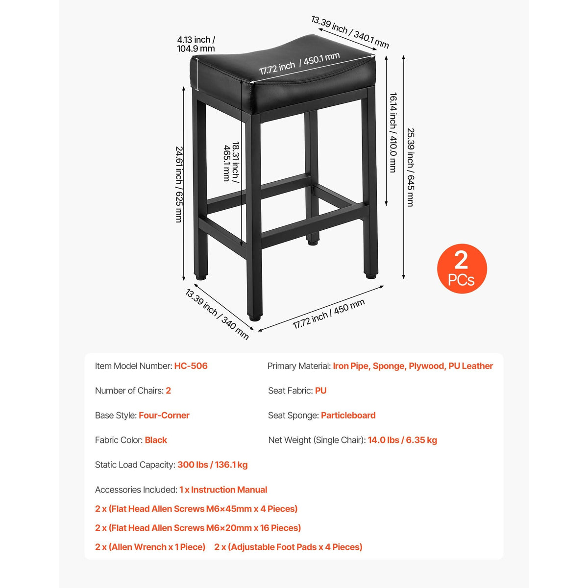 Bar Stool Set of 2, PU Leather Counter Height Stools, 25 inch Barstool with Saddle-Seat and Metal Legs, Easy Assembly Backless Bar Chair, Island Barstools for Kitchen, Dining Room, Cafe, Black