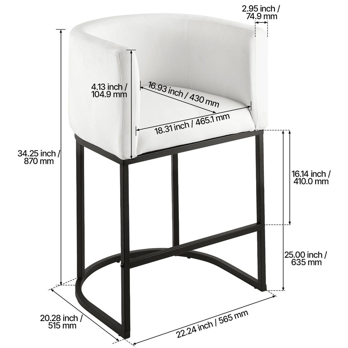 Bar Stool Set of 3, 25 inch Counter Height Stools, Counter Barstool with Backrest, Arm, Metal Frame, and Footrest, Accent Fabric Bar Chair, Island Barstools for Kitchen, Dining Room, White
