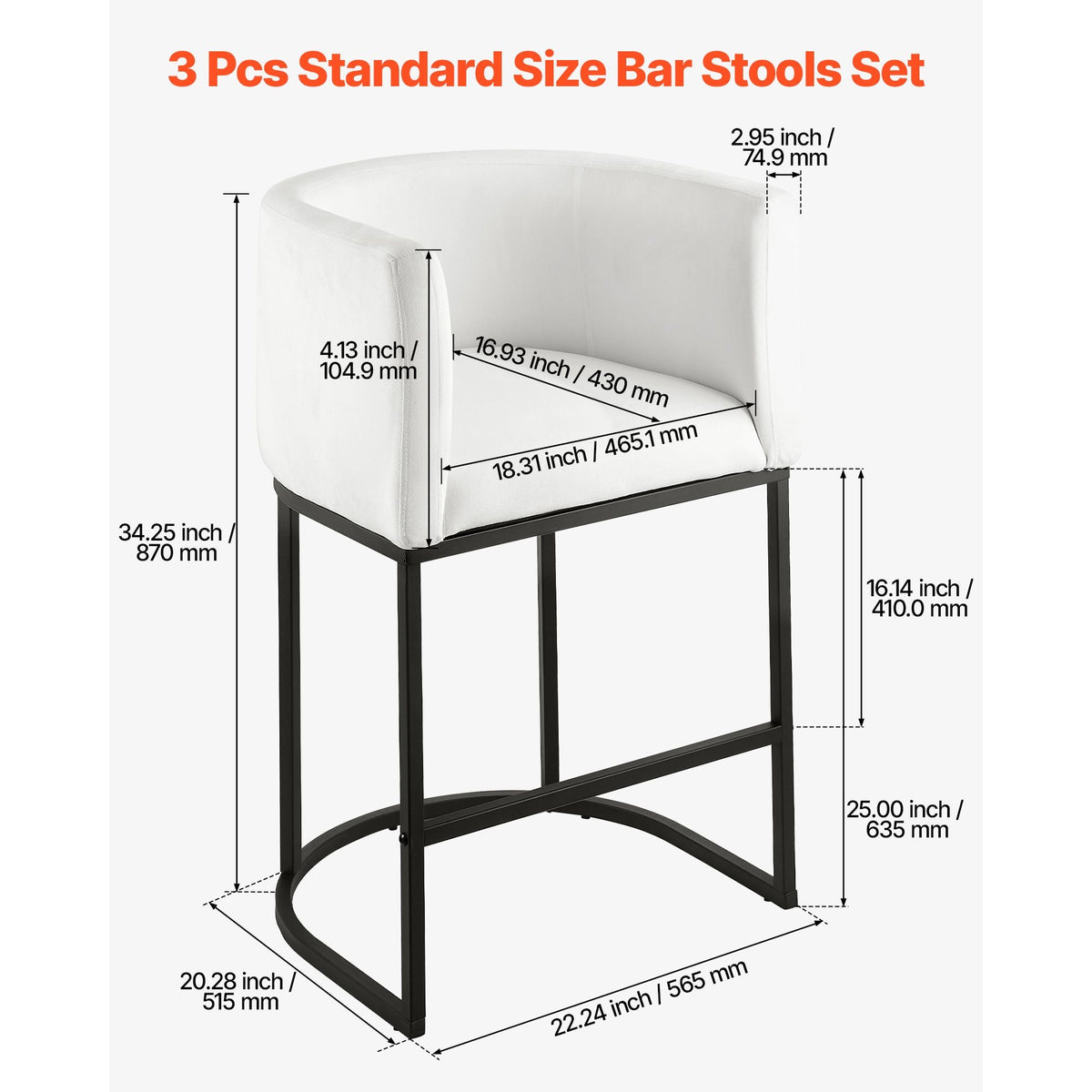 Bar Stool Set of 3, 25 inch Counter Height Stools, Counter Barstool with Backrest, Arm, Metal Frame, and Footrest, Accent Fabric Bar Chair, Island Barstools for Kitchen, Dining Room, White