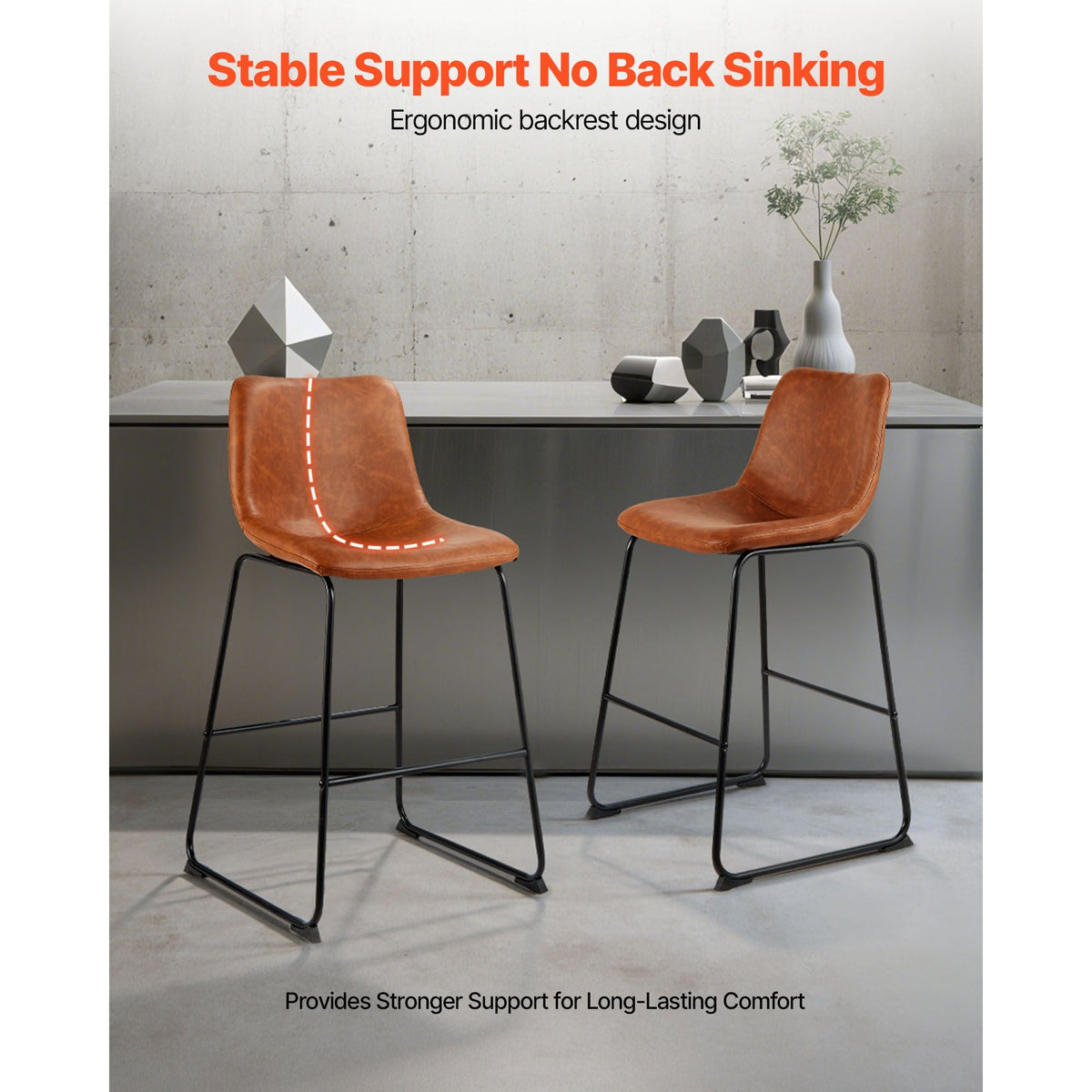 Bar Stool Set of 4, 26 inch Counter Height Stools, Modern PU Leather Counter Barstool with Backrest, Metal Legs, Easy Assembly Armless Bar Chair, Island Barstool for Kitchen, Dining Room, Brown