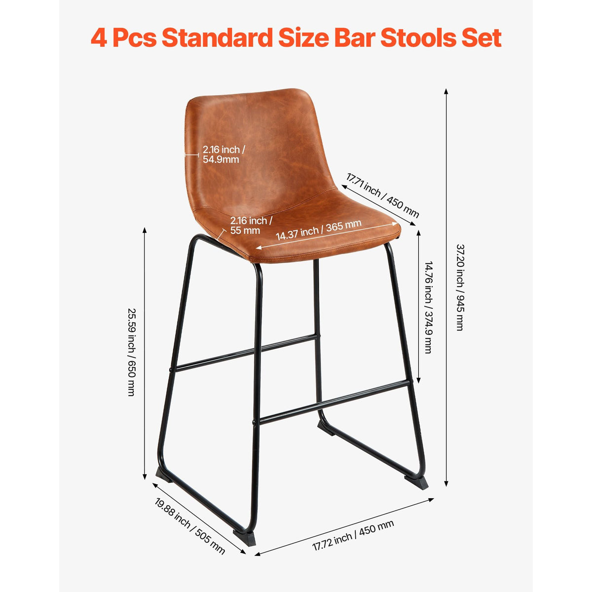 Bar Stool Set of 4, 26 inch Counter Height Stools, Modern PU Leather Counter Barstool with Backrest, Metal Legs, Easy Assembly Armless Bar Chair, Island Barstool for Kitchen, Dining Room, Brown