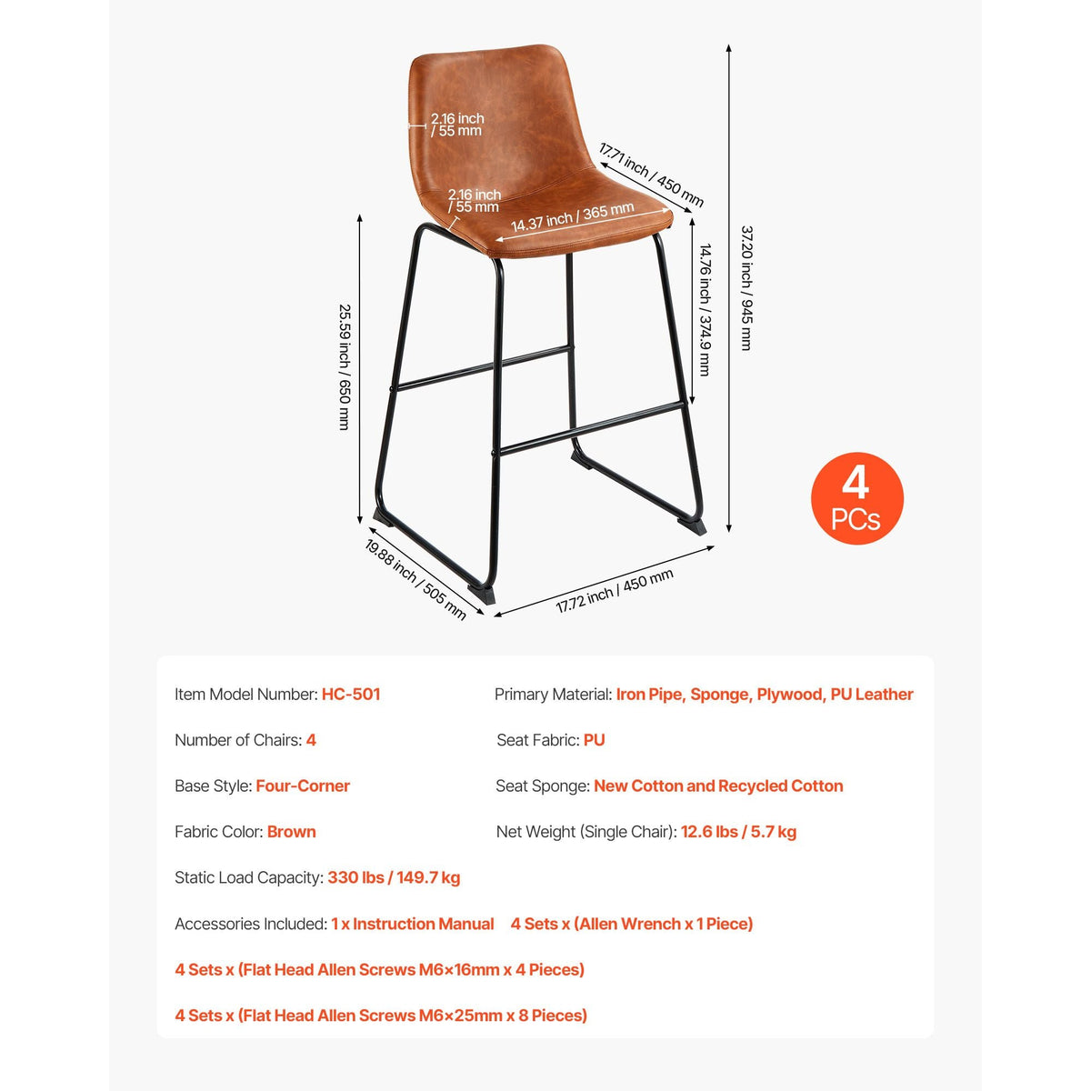 Bar Stool Set of 4, 26 inch Counter Height Stools, Modern PU Leather Counter Barstool with Backrest, Metal Legs, Easy Assembly Armless Bar Chair, Island Barstool for Kitchen, Dining Room, Brown