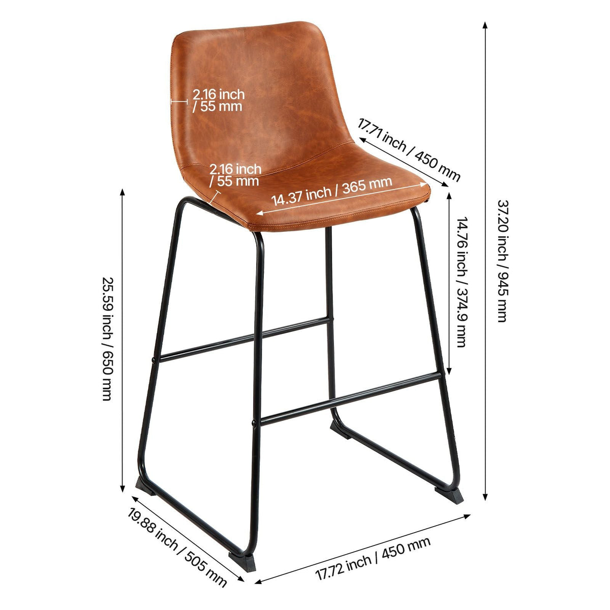 Bar Stool Set of 4, 26 inch Counter Height Stools, Modern PU Leather Counter Barstool with Backrest, Metal Legs, Easy Assembly Armless Bar Chair, Island Barstool for Kitchen, Dining Room, Brown