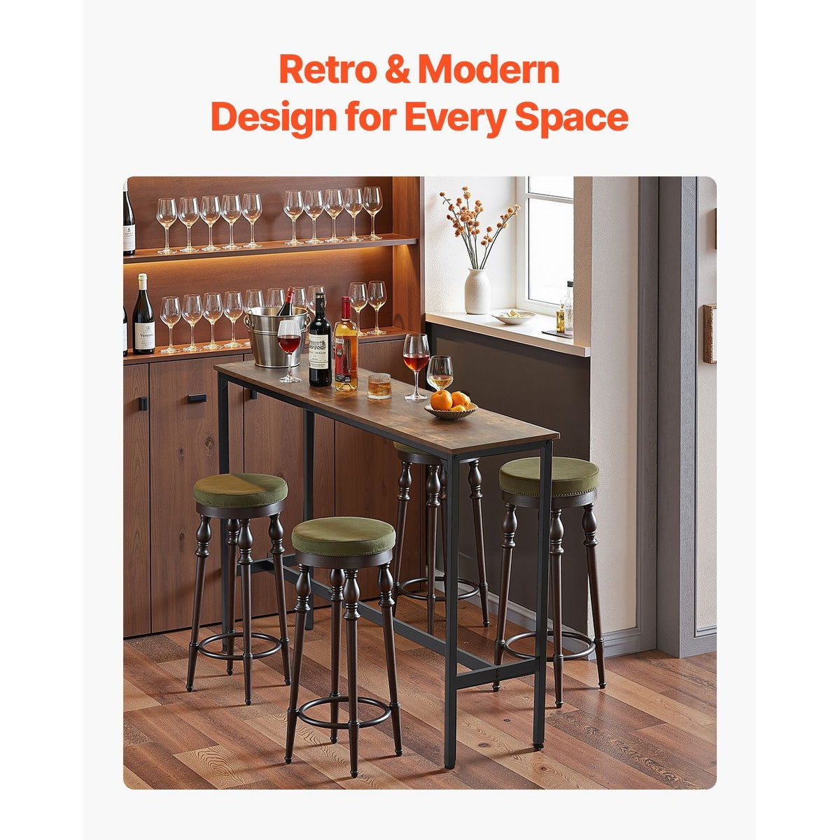 Bar Table, Sturdy Metal Frame High Top Pub Table, Narrow Long Kitchen Dining, Cocktail Counter Bar Height Desk, Easy to Assemble, 55x15x39 in, for Living Room Party, Rustic Brown and Black