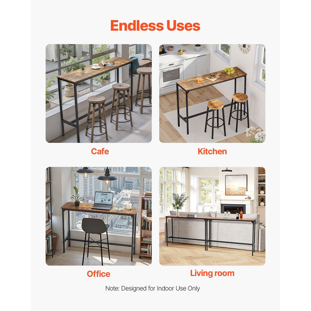 Bar Table, Sturdy Metal Frame High Top Pub Table, Narrow Long Kitchen Dining, Cocktail Counter Bar Height Desk, Easy to Assemble, 55x15x39 in, for Living Room Party, Rustic Brown and Black