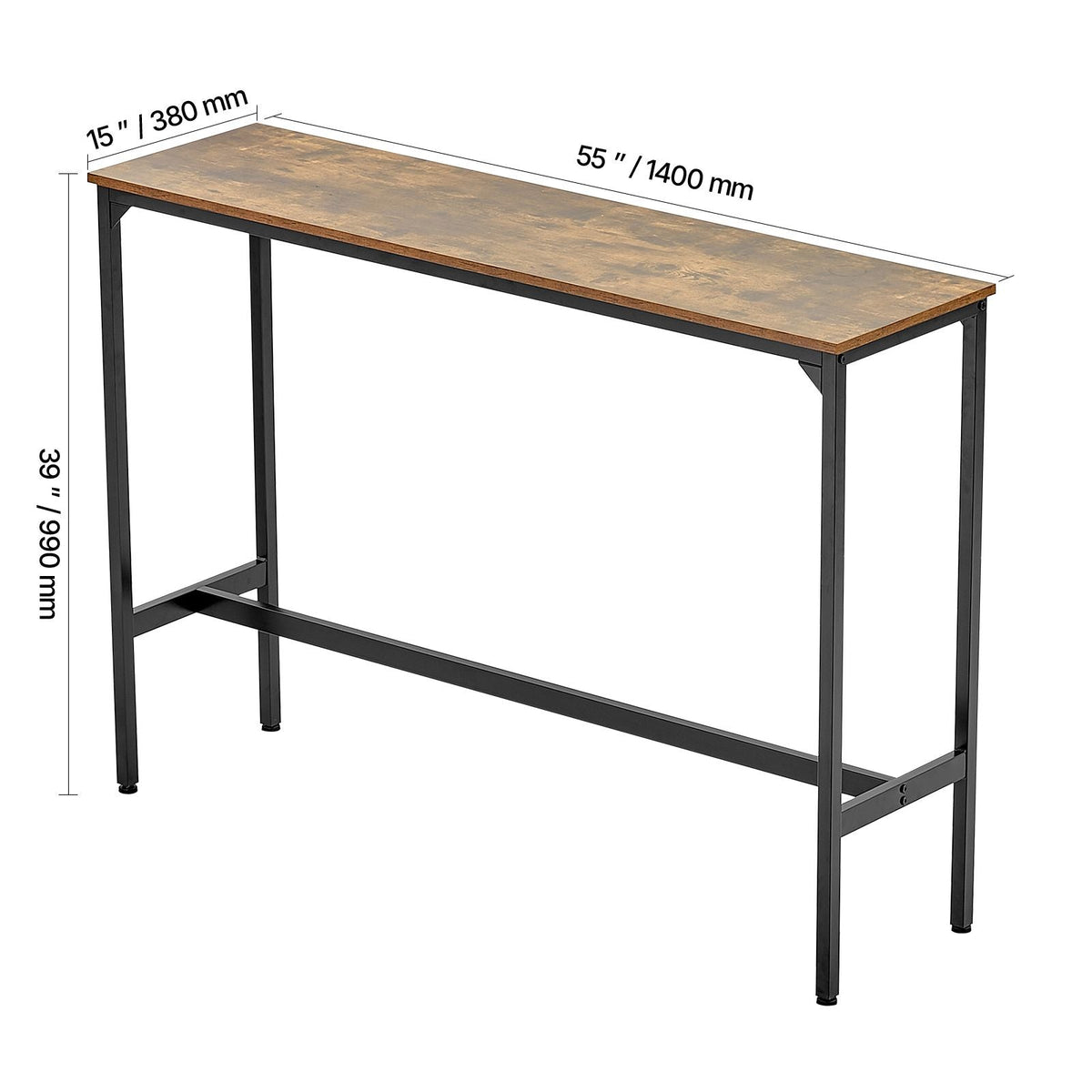 Bar Table, Sturdy Metal Frame High Top Pub Table, Narrow Long Kitchen Dining, Cocktail Counter Bar Height Desk, Easy to Assemble, 55x15x39 in, for Living Room Party, Rustic Brown and Black