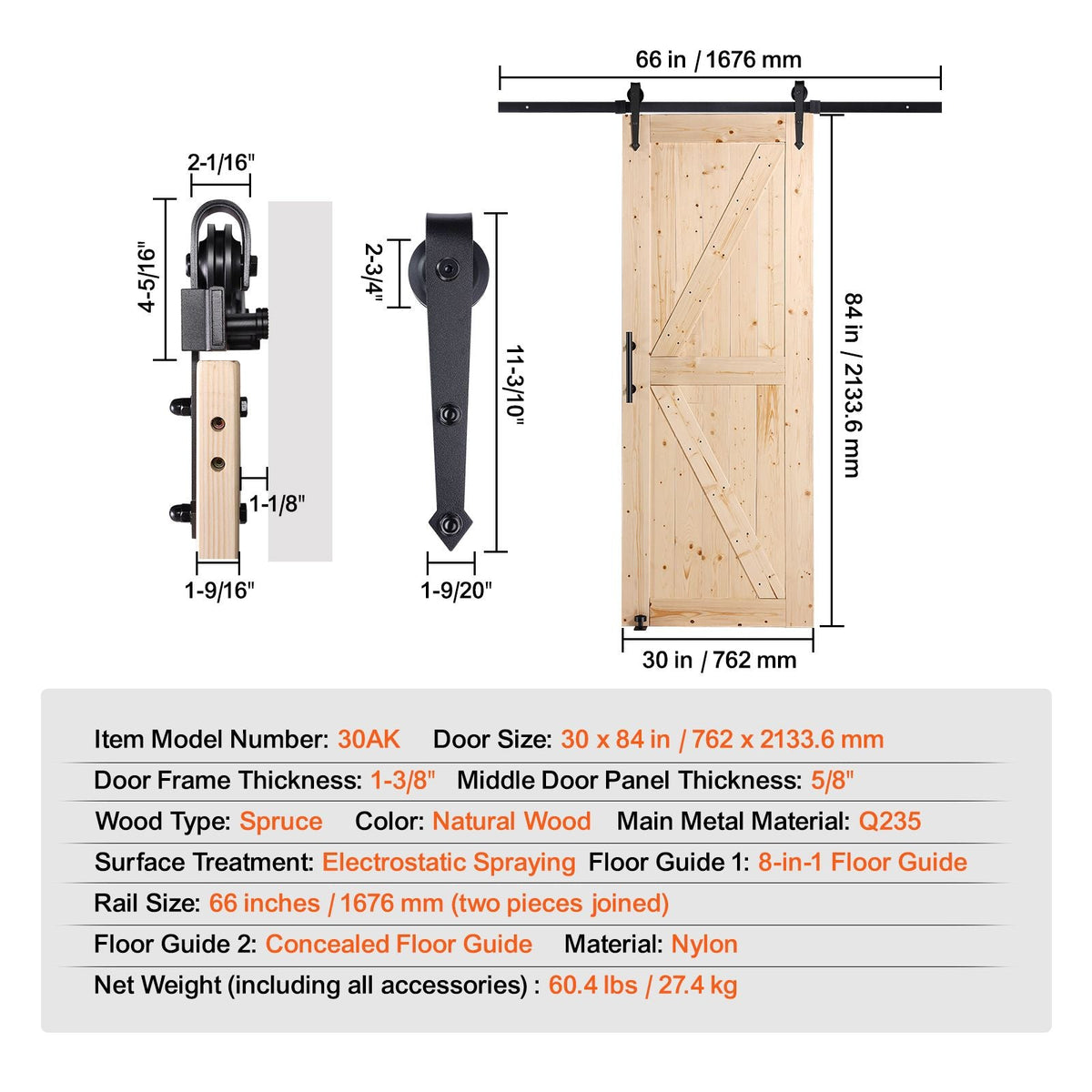 Barn Door and Hardware Kit, 30" x 84" Wood Sliding Barn Door, Smoothly and Quietly, Barn Door Kit with 8-in-1 Floor Guide and Door Handle, Spruce Wood Panelled Slab, Easy to Install