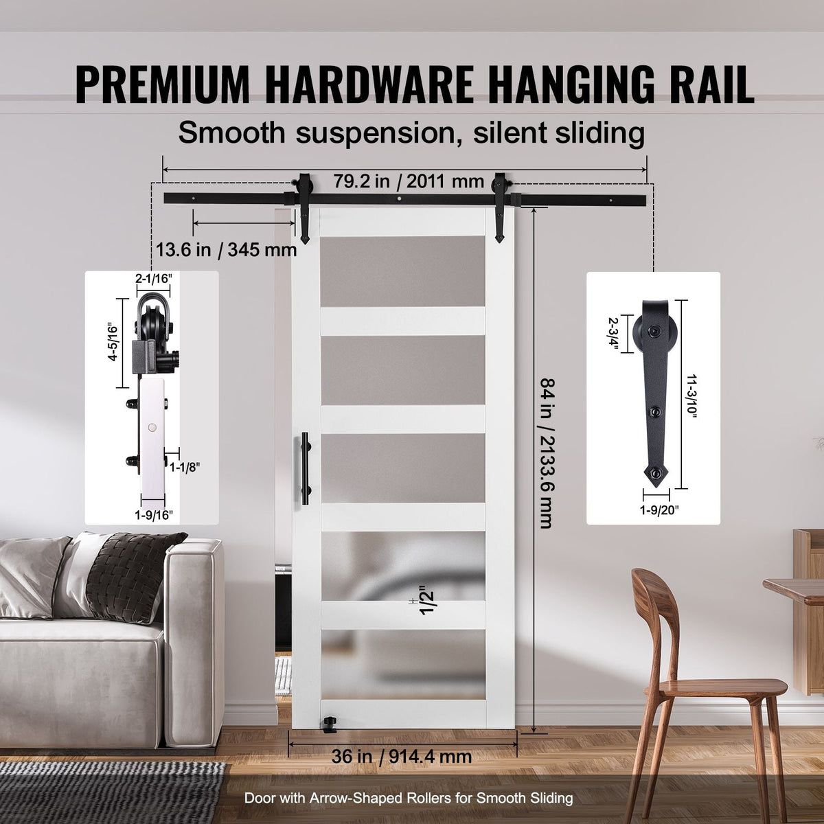 Barn Door and Hardware Kit, 36" x 84" Wood and Glass Sliding Barn Door, Smoothly and Quietly, Barn Door Kit with 8-in-1 Floor Guide and Door Handle, Spruce Wood Slab and Frosted Glass
