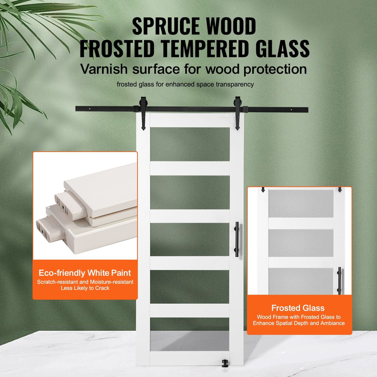 Barn Door and Hardware Kit, 36" x 84" Wood and Glass Sliding Barn Door, Smoothly and Quietly, Barn Door Kit with 8-in-1 Floor Guide and Door Handle, Spruce Wood Slab and Frosted Glass