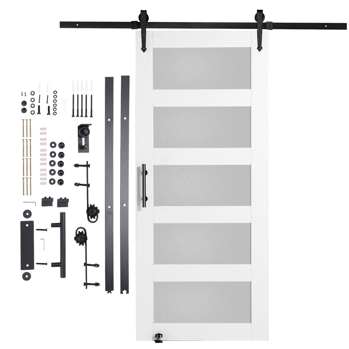 Barn Door and Hardware Kit, 36" x 84" Wood and Glass Sliding Barn Door, Smoothly and Quietly, Barn Door Kit with 8-in-1 Floor Guide and Door Handle, Spruce Wood Slab and Frosted Glass
