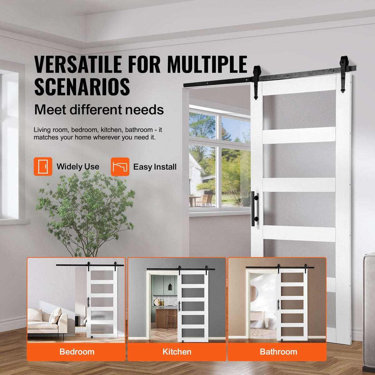 Barn Door and Hardware Kit, 36" x 84" Wood and Glass Sliding Barn Door, Smoothly and Quietly, Barn Door Kit with 8-in-1 Floor Guide and Door Handle, Spruce Wood Slab and Frosted Glass