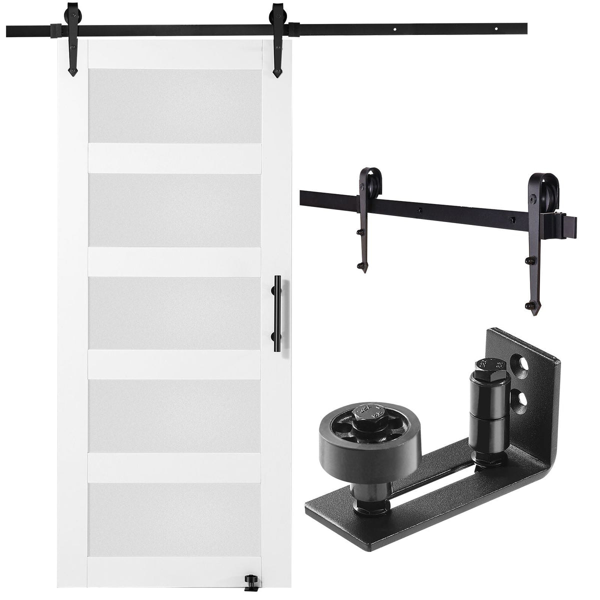 Barn Door and Hardware Kit, 36" x 84" Wood and Glass Sliding Barn Door, Smoothly and Quietly, Barn Door Kit with 8-in-1 Floor Guide and Door Handle, Spruce Wood Slab and Frosted Glass