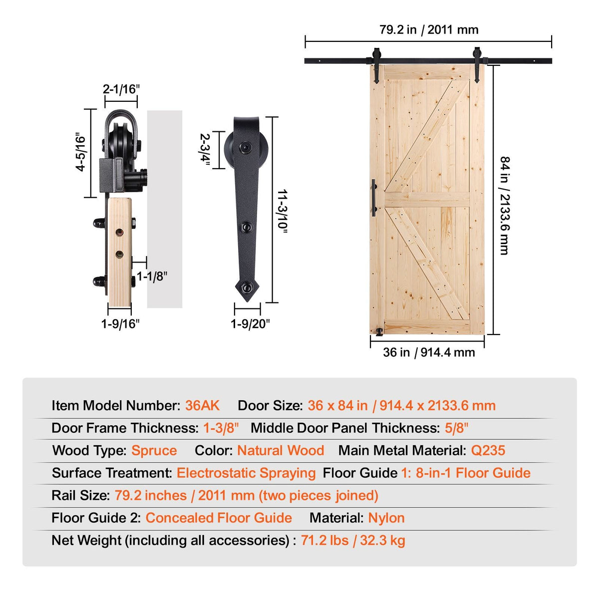 Barn Door and Hardware Kit, 36" x 84" Wood Sliding Barn Door, Smoothly and Quietly, Barn Door Kit with 8-in-1 Floor Guide and Door Handle, Spruce Wood Panelled Slab, Easy to Install