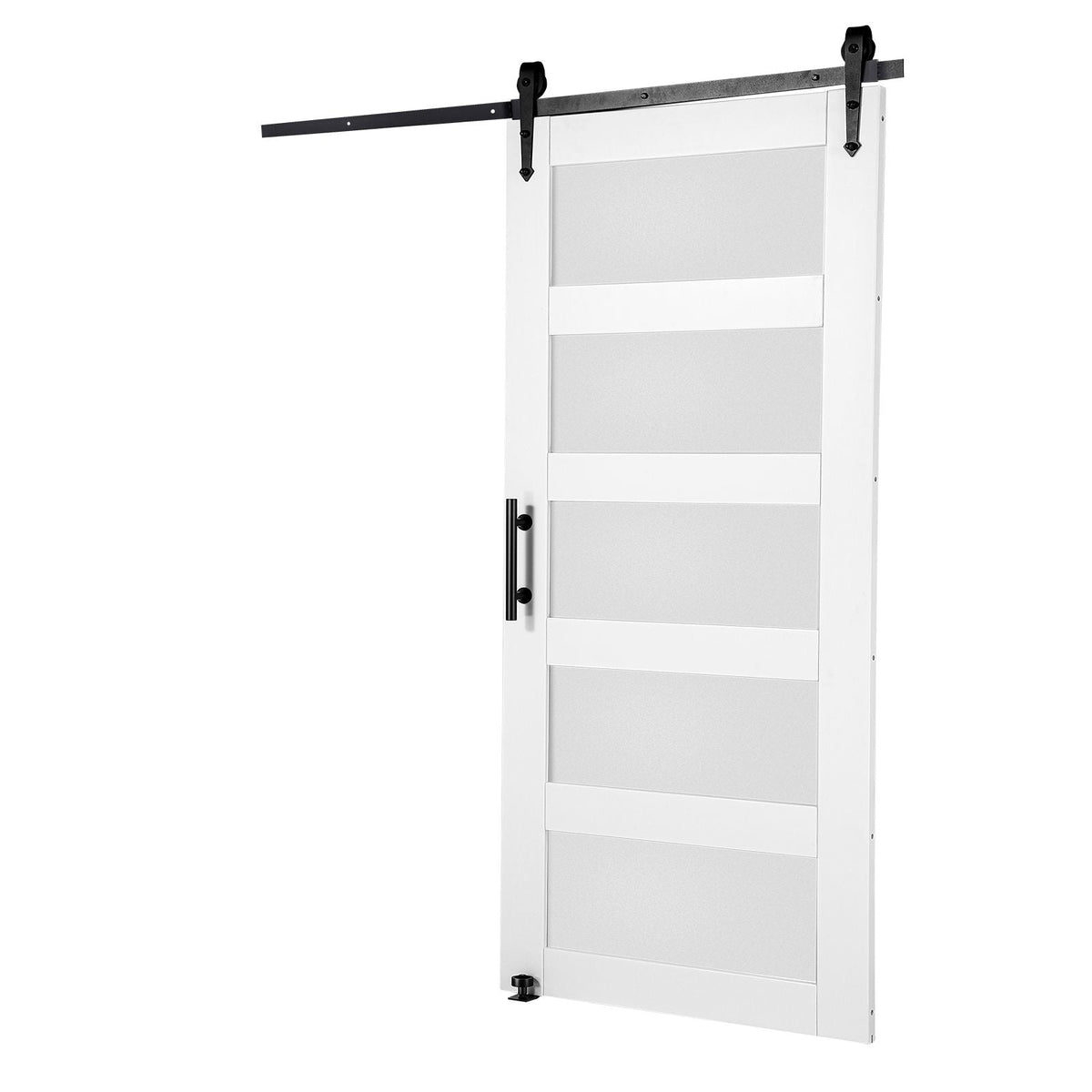 Barn Door and Hardware Kit, 42" x 84" Wood and Glass Sliding Barn Door, Smoothly and Quietly, Barn Door Kit with 8-in-1 Floor Guide and Door Handle, Spruce Wood Slab and Frosted Glass
