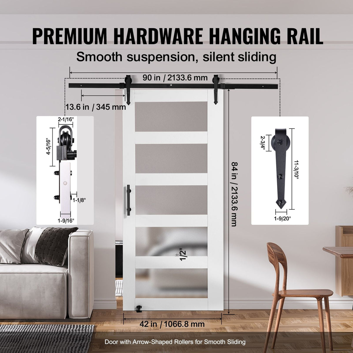 Barn Door and Hardware Kit, 42" x 84" Wood and Glass Sliding Barn Door, Smoothly and Quietly, Barn Door Kit with 8-in-1 Floor Guide and Door Handle, Spruce Wood Slab and Frosted Glass
