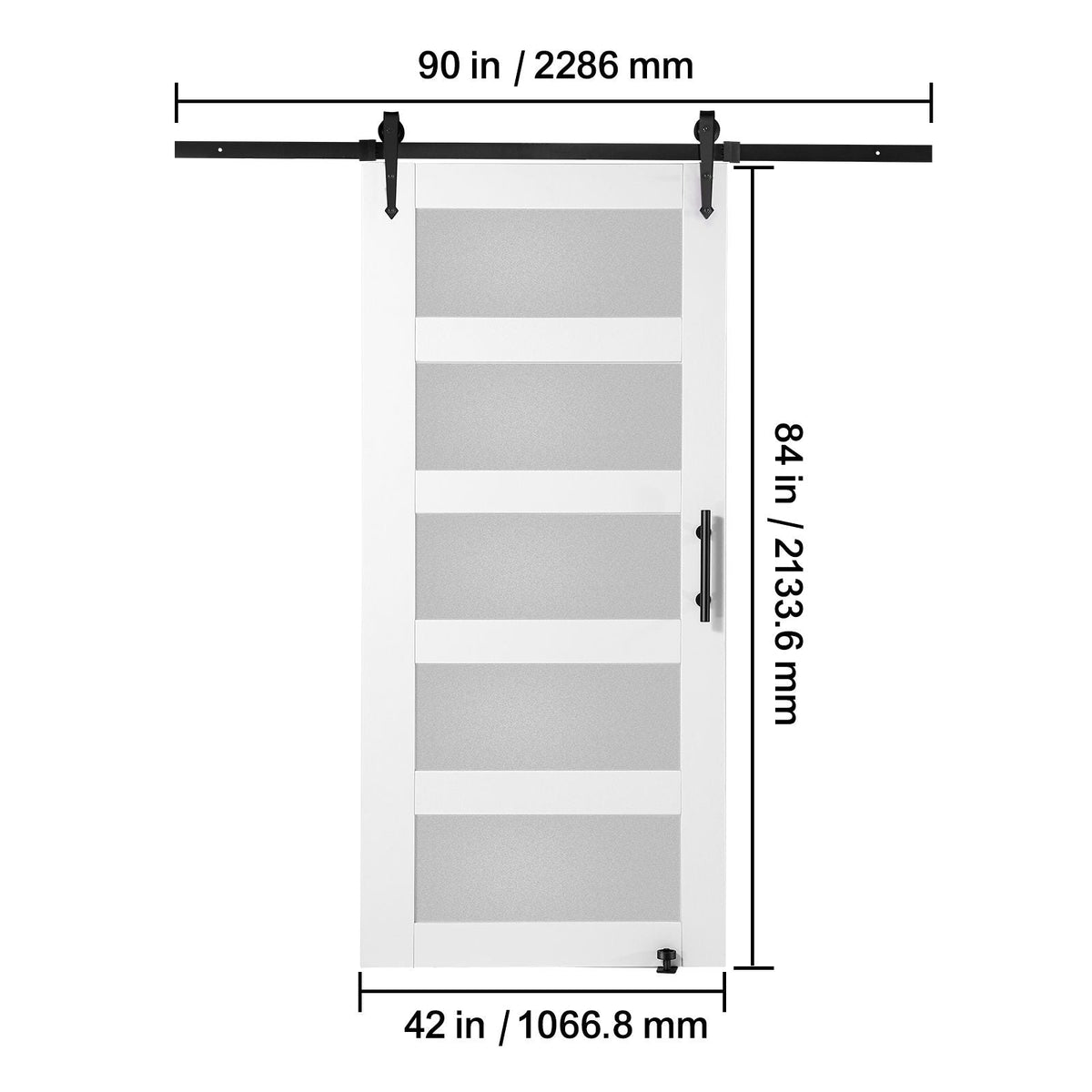 Barn Door and Hardware Kit, 42" x 84" Wood and Glass Sliding Barn Door, Smoothly and Quietly, Barn Door Kit with 8-in-1 Floor Guide and Door Handle, Spruce Wood Slab and Frosted Glass
