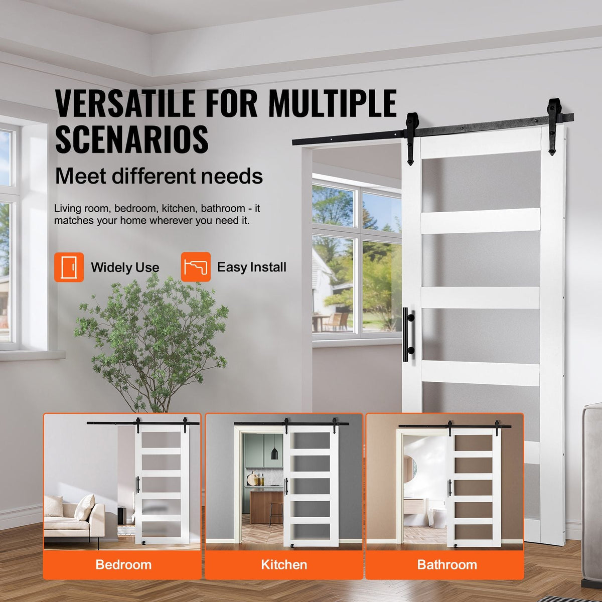 Barn Door and Hardware Kit, 42" x 84" Wood and Glass Sliding Barn Door, Smoothly and Quietly, Barn Door Kit with 8-in-1 Floor Guide and Door Handle, Spruce Wood Slab and Frosted Glass