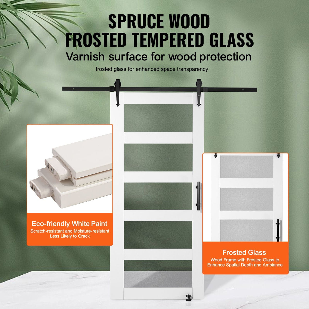 Barn Door and Hardware Kit, 42" x 84" Wood and Glass Sliding Barn Door, Smoothly and Quietly, Barn Door Kit with 8-in-1 Floor Guide and Door Handle, Spruce Wood Slab and Frosted Glass