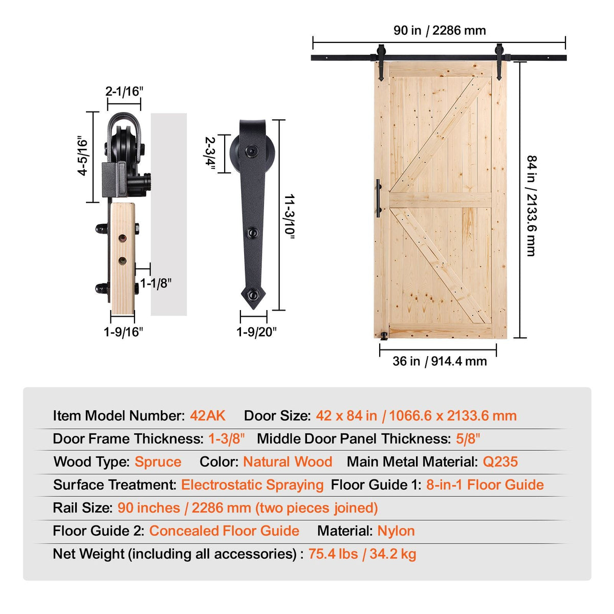Barn Door and Hardware Kit, 42" x 84" Wood Sliding Barn Door, Smoothly and Quietly, Barn Door Kit with 8-in-1 Floor Guide and Door Handle, Spruce Wood Panelled Slab, Easy to Install