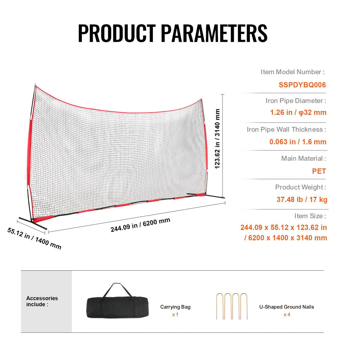 Barricade Backstop Net, 20x10 ft Ball Sports Barrier Netting, Portable Practice Equipment with Carry Bag, Protection Screen for Baseball Softball Lacrosse Soccer Hockey Training, for Backyard