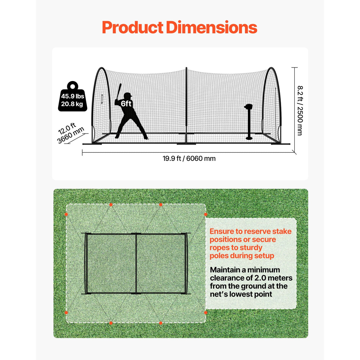 Baseball Batting Cage, 19.9 x 12.0 x 8.2 FT Freestanding Portable Batting Cage, Hitting Cages with 30-Ply Knotted HDPE & Pitching Machine Opening, Battings Cages Netting for Indoor Outdoor