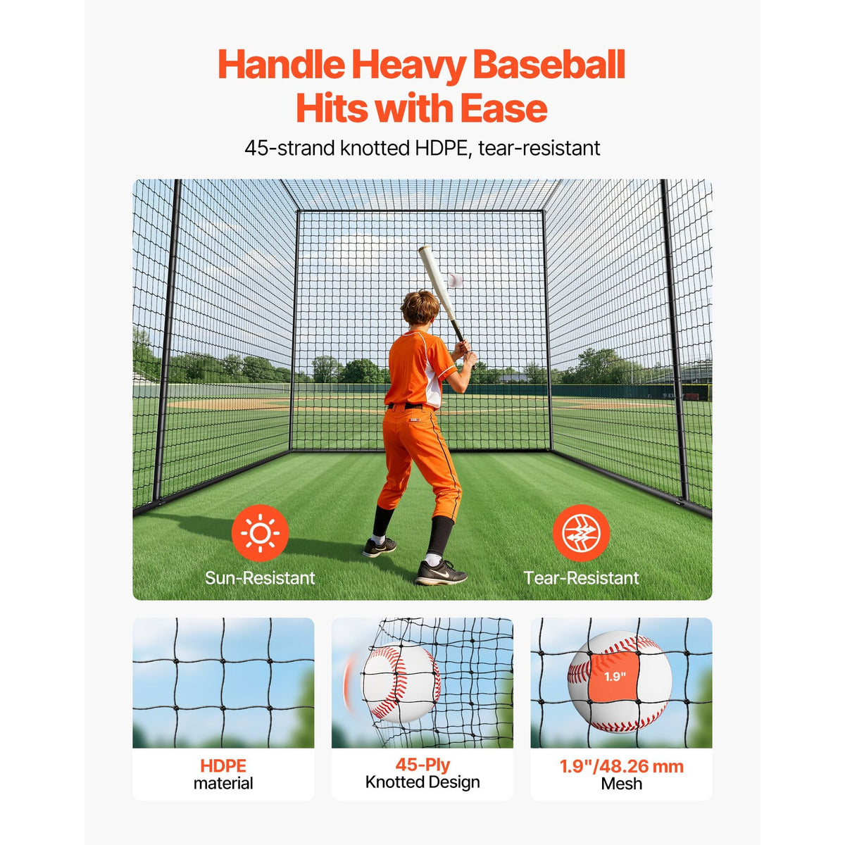 Baseball Batting Cage, 35.0 x 10.5 x 10.2 FT Freestanding Portable Batting Cage, Hitting Cages with 45-Ply Knotted HDPE & Long Positioning Ropes, Battings Cages Netting for Indoor Outdoor