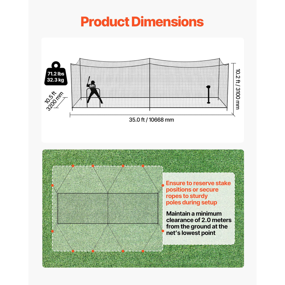 Baseball Batting Cage, 35.0 x 10.5 x 10.2 FT Freestanding Portable Batting Cage, Hitting Cages with 45-Ply Knotted HDPE & Long Positioning Ropes, Battings Cages Netting for Indoor Outdoor