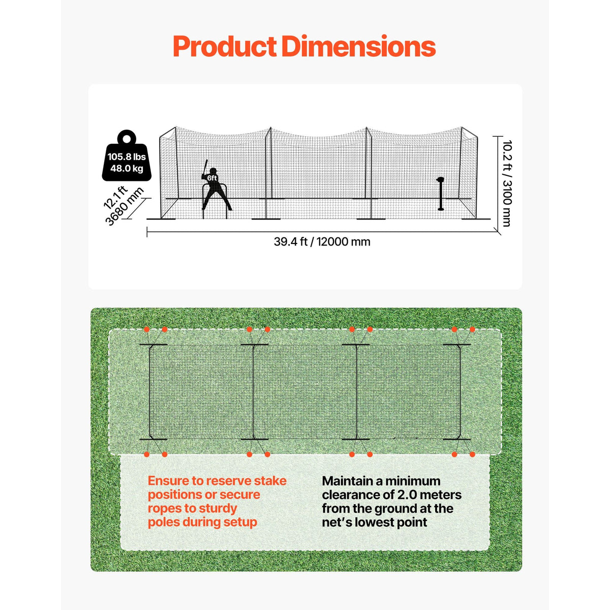 Baseball Batting Cage, 39.4 x 12.1 x 10.2 FT Freestanding Portable Batting Cage, Hitting Cages with 45-Ply Knotted HDPE & Long Positioning Ropes, Battings Cages Netting for Indoor Outdoor