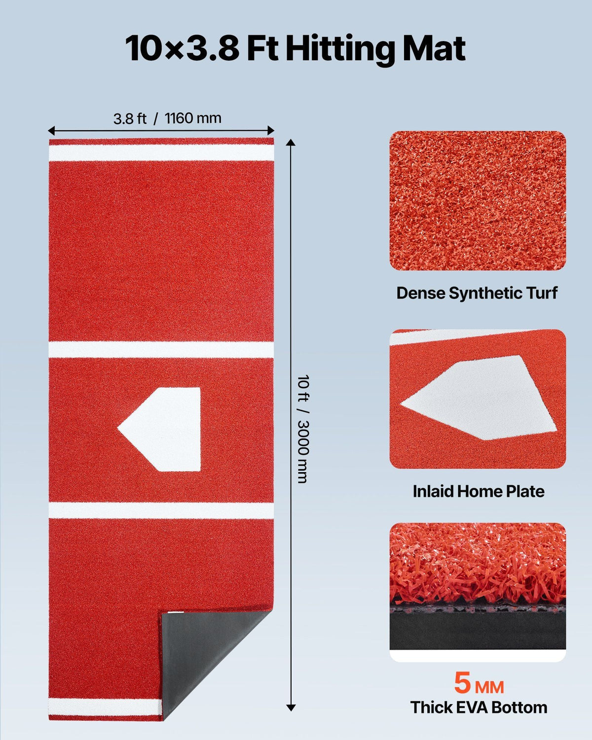 Baseball Hitting Mat, 10x3.8 ft Batting Cage Mat, Batters Box Turf Mats, Softball Batting Practice Equipment with Home Plate and Anti Fade Turf, Portable Training Aid for Indoor Outdoor, Red