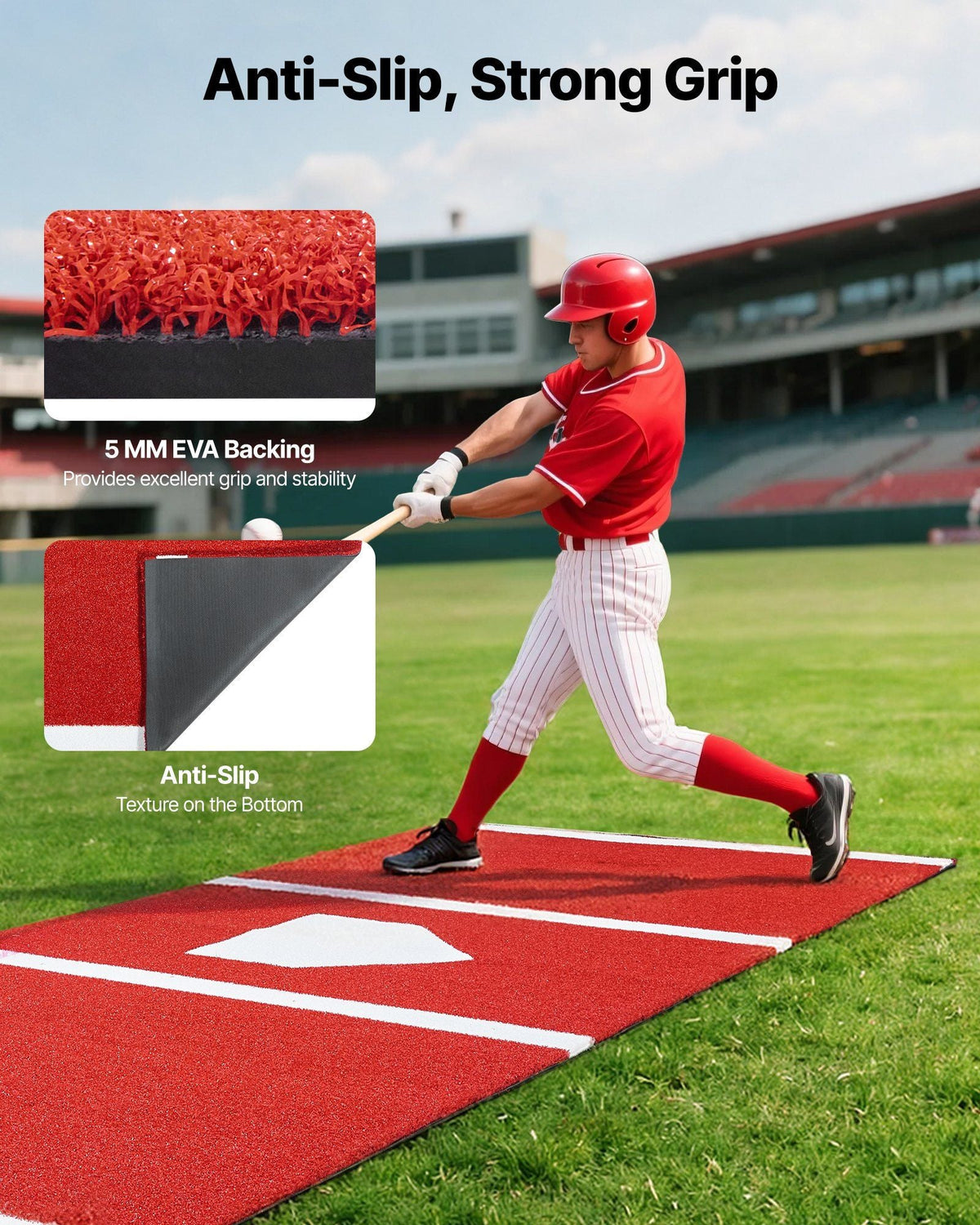 Baseball Hitting Mat, 10x3.8 ft Batting Cage Mat, Batters Box Turf Mats, Softball Batting Practice Equipment with Home Plate and Anti Fade Turf, Portable Training Aid for Indoor Outdoor, Red