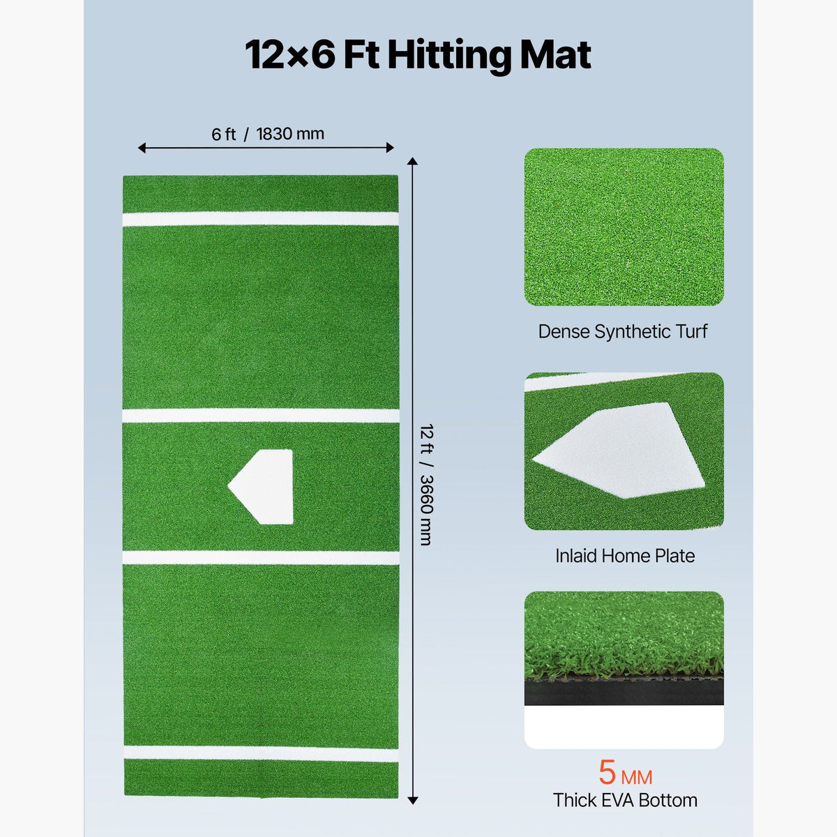 Baseball Hitting Mat, 12x6 ft Batting Cage Mat, Batters Box Turf Mats, Softball Batting Practice Equipment with Home Plate and Anti Fade Turf, Portable Training Aid for Indoor Outdoor, Green