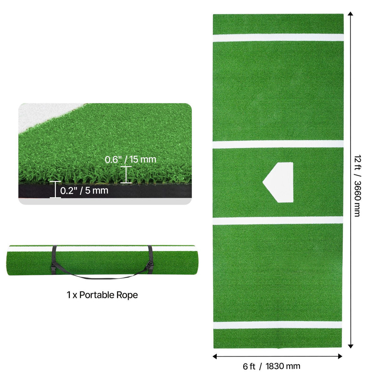 Baseball Hitting Mat, 12x6 ft Batting Cage Mat, Batters Box Turf Mats, Softball Batting Practice Equipment with Home Plate and Anti Fade Turf, Portable Training Aid for Indoor Outdoor, Green