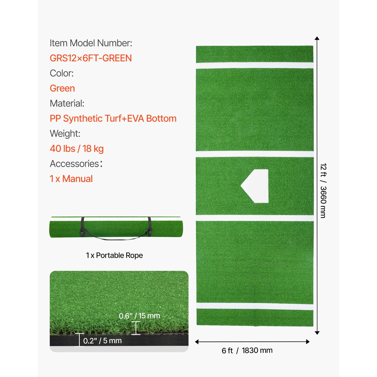 Baseball Hitting Mat, 12x6 ft Batting Cage Mat, Batters Box Turf Mats, Softball Batting Practice Equipment with Home Plate and Anti Fade Turf, Portable Training Aid for Indoor Outdoor, Green